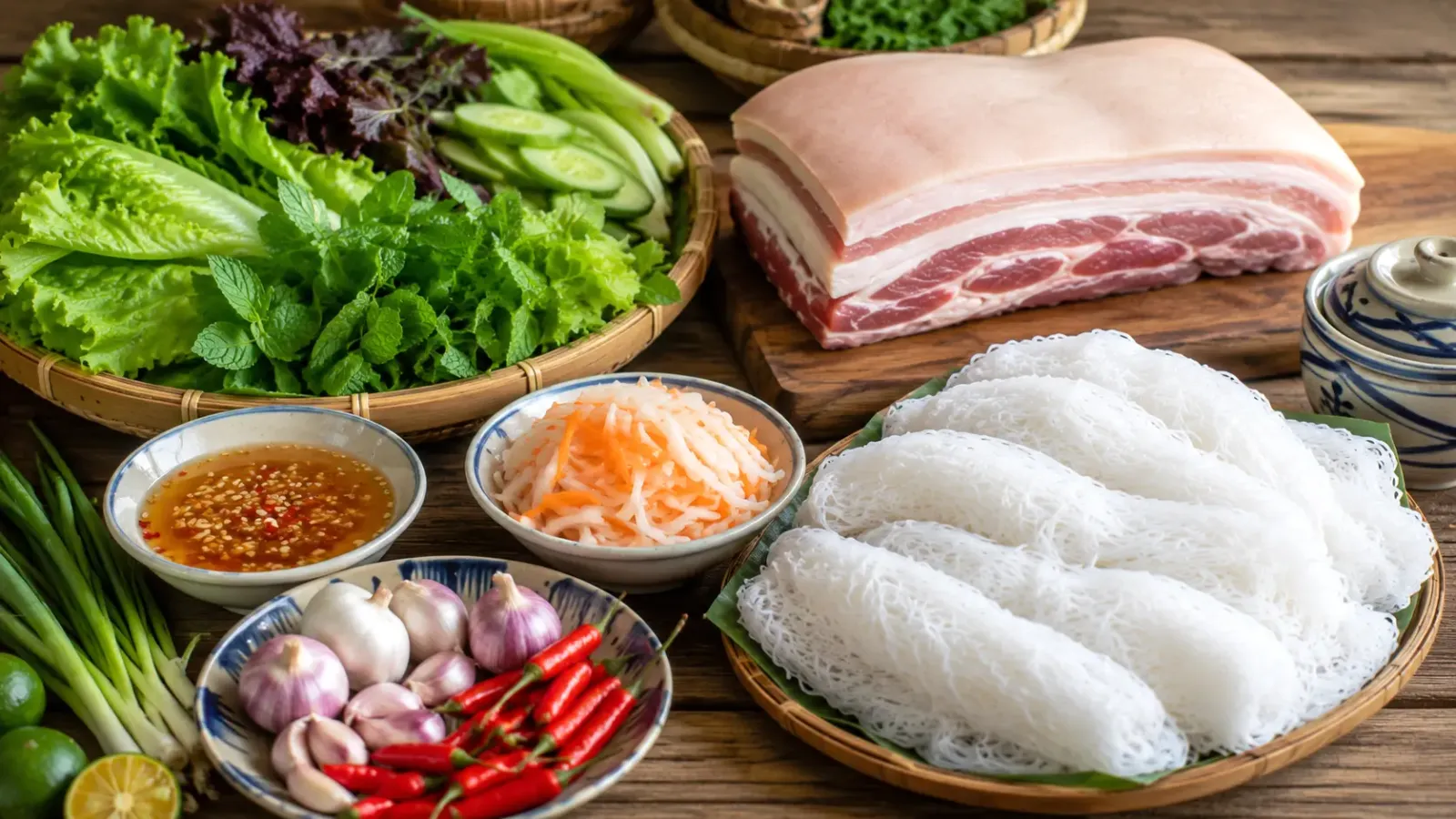 Nguyên liệu làm bánh hỏi heo quay gồm thịt ba chỉ, bánh hỏi tươi và rau sống