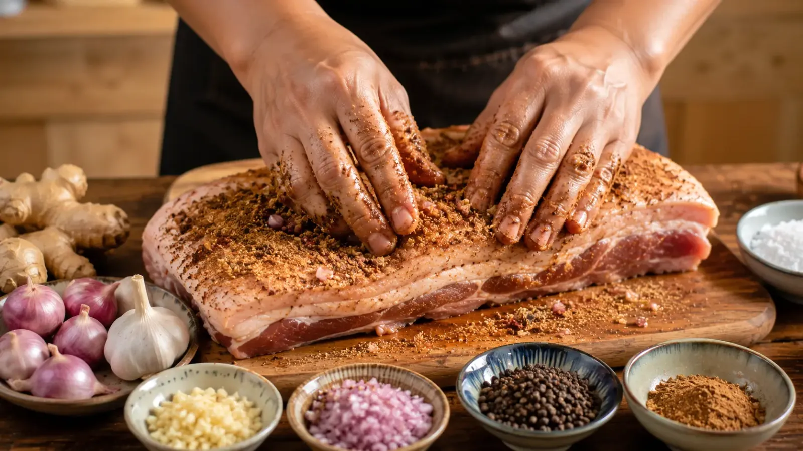 Ướp thịt heo quay với ngũ vị hương và gia vị đặc trưng