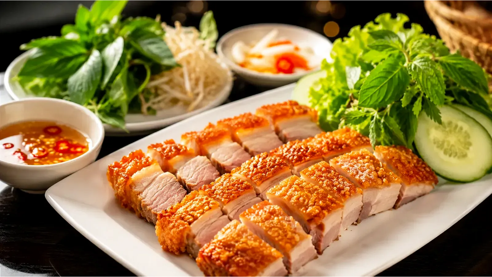 Thành phẩm heo quay da giòn vàng đẹp